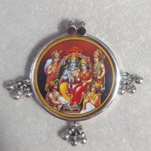 Handmade 92.5 Sterling Silver Glass Framed Hindu Deity Shree Ram Darbar Photo Print Beautiful Dangles Pendant With Colour String
