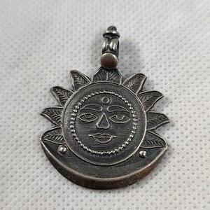 Handmade 92.5 Sterling Silver Antiqued Sun and Crescent Moon Pendant Rajasthan Tribal Hindu Religious Symbole Pendant Banjara Pendant