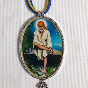 Handmade 92.5 Sterling Silver Bell Beautiful Deity God All in One Sai Baba Oval Shape Unique Photo Print Dangles Pendant Necklace.