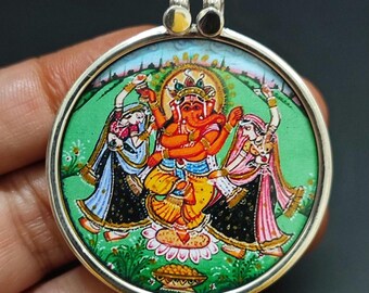 Sterling Silver Ganesha hänge halsband: Hindu Gud Riddhi-Siddhi fotoutskrift
