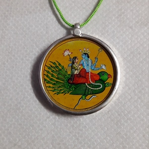 Handmade 92.5 Sterling Silver Hindu God Lakshmi Vishnu Narayana  Unique Photo Print Glass Framed Pendant With Colour String