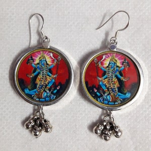 Handmade  92.5 Sterling Silver Glass Framed Hindu Deity Goddess Kali Mata Photo Print Bell Earring Pair