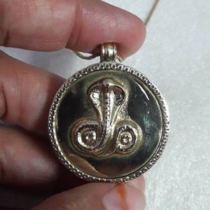 Könnte beinhalten: Goldene Halskette mit Anhänger, der ein detailliertes, erhabenes Bild einer Kobra mit ausgebreiteter Haube zeigt. Der Anhänger ist rund und hat einen perlenbesetzten Rand.