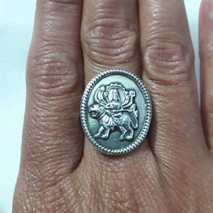 Handmade Hammered 92.5 Sterling Silver Hindu Warrior Mahavidhya Goddess Durga Mata Adjustable Free Size Ring.