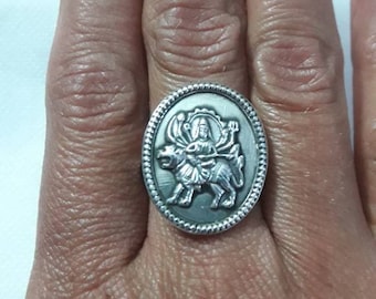 Handmade Sterling Silver Durga Mata Ring - Adjustable Free Size