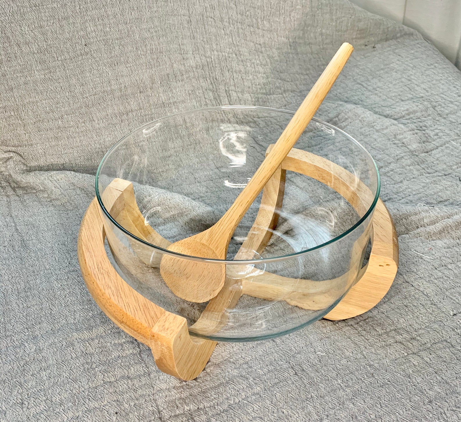 Rad Mid Mod Wooden Bowl Holder With Glass Bowl and Spoon Etsy