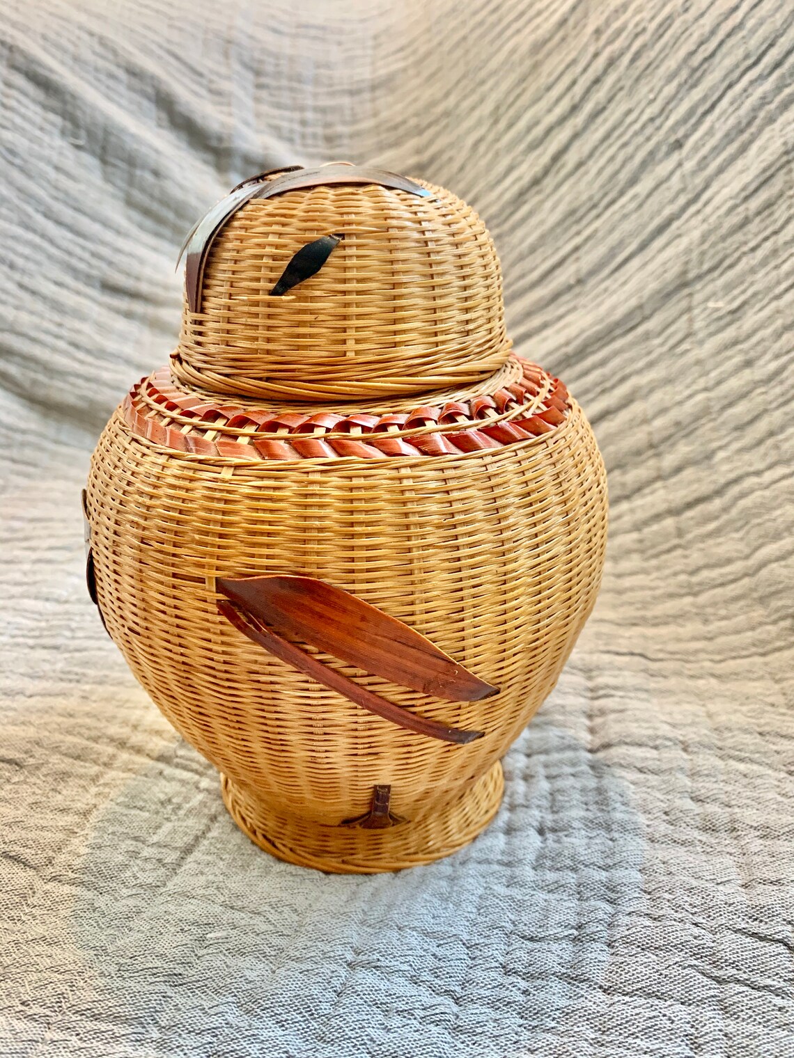 Vintage Bird Design Woven Basket Vase With Lid Etsy Singapore