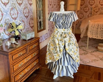 Miniature dress on mannequin - French provincial style, floral with grey and white stripe in 1:12th scale