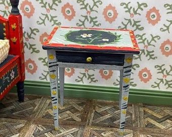 Miniature -  wooden blue, hand painted folk style side table - dollhouse 1:!2 scale