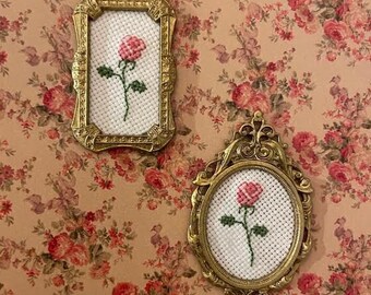 Miniature - rose tapestry hand stitched, gold frame