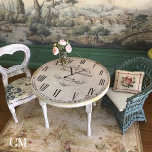 Miniature clock top table - French style, shabby chic, wooden dollhouse furniture in 1:12th scale