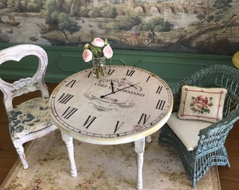 Miniature clock top table - French style, shabby chic, wooden dollhouse furniture in 1:12th scale