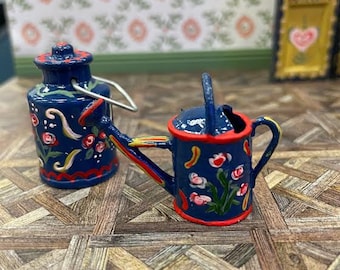 Miniature canal ware - blue watering can, hand painted in the folk style