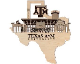 Decoración de pared con el horizonte de la Universidad Texas A&M: elaborada en madera de cerezo y arce.