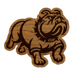 May include: A brown wooden cutout of a bulldog with a spiked collar. The bulldog is facing the right side of the image and has the letters "GW" on its collar.