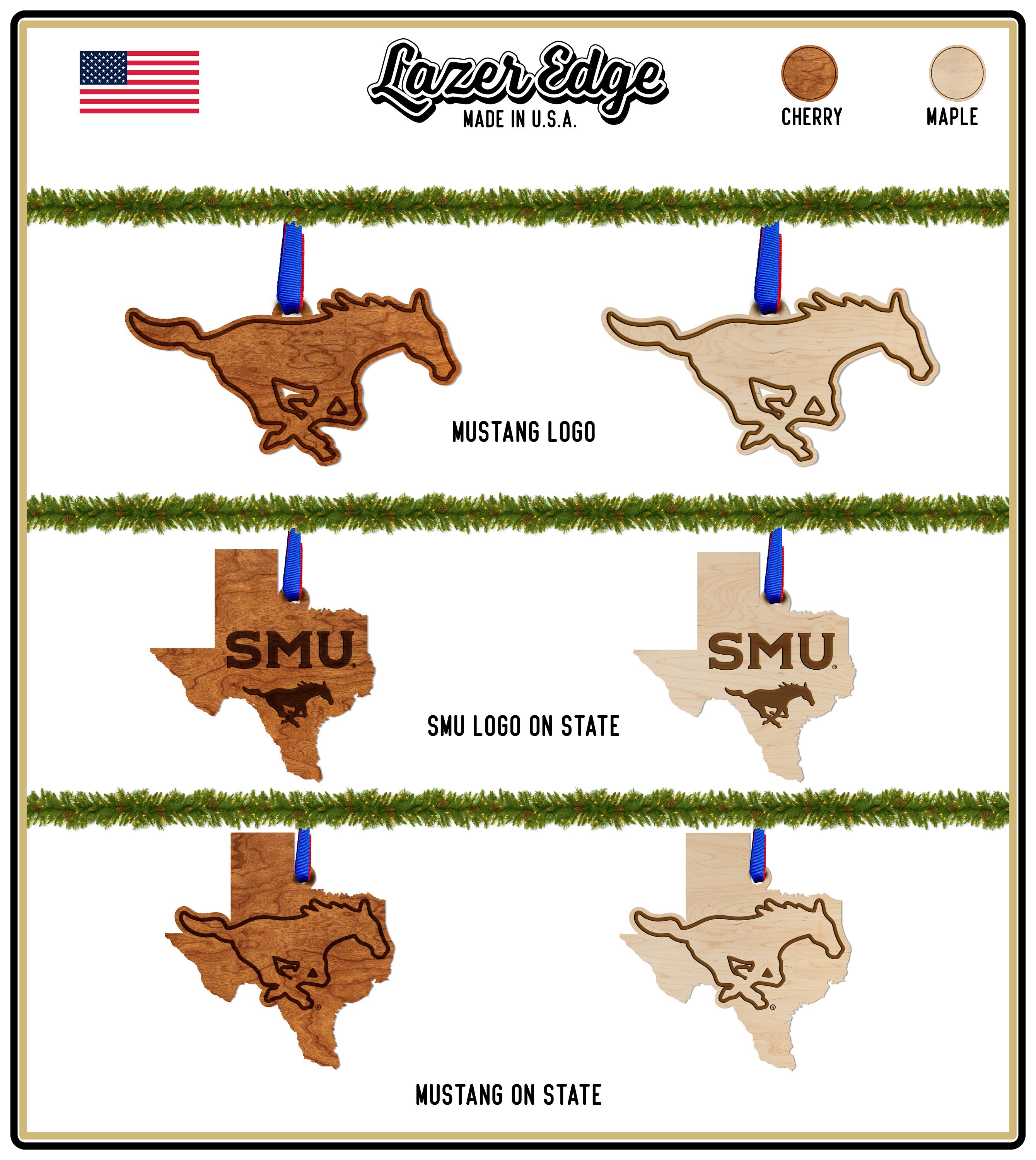 Southern Methodist Mustangs Ornament –Crafted from Cherry and Maple Wood– Click to see Multiple Designs Available– SMU Southern Methodist Mustangs Ornament –Crafted from Cherry and Maple Wood– Click to see Multiple Designs Available– SMU