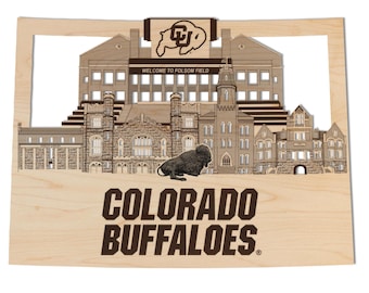 Tapiz de pared con la silueta del campus de los Buffaloes de la Universidad de Colorado - Elaborado en madera de cerezo y arce.