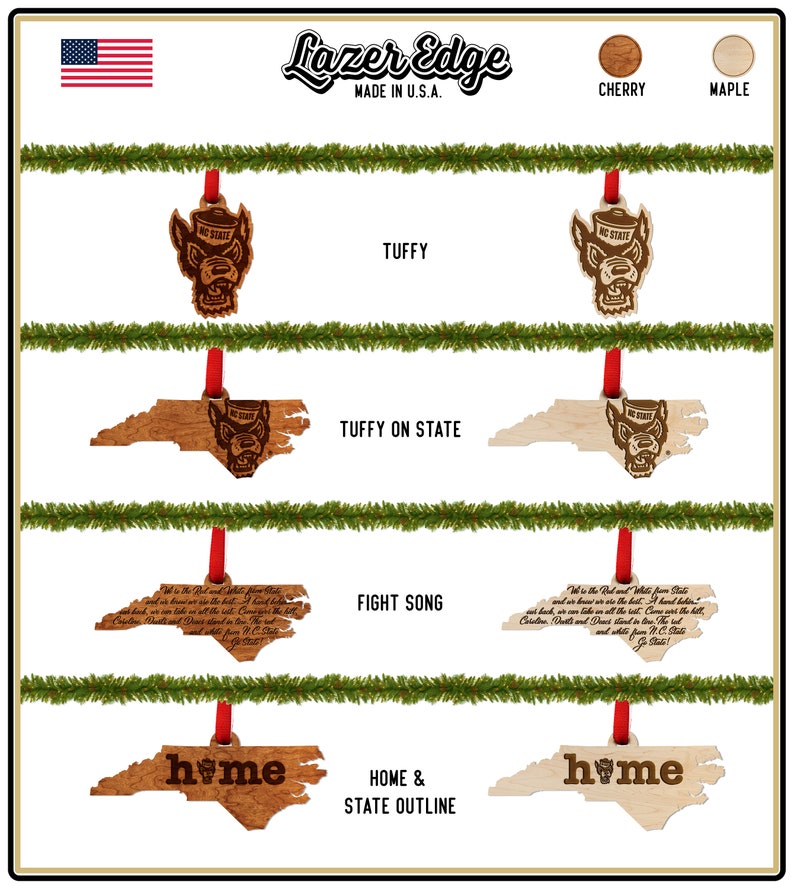 NC State Wolfpack Ornament \u2013 Crafted from Cherry Wood \u2013 Click to see Multiple Designs Available \u2013 North Carolina State University NCSU