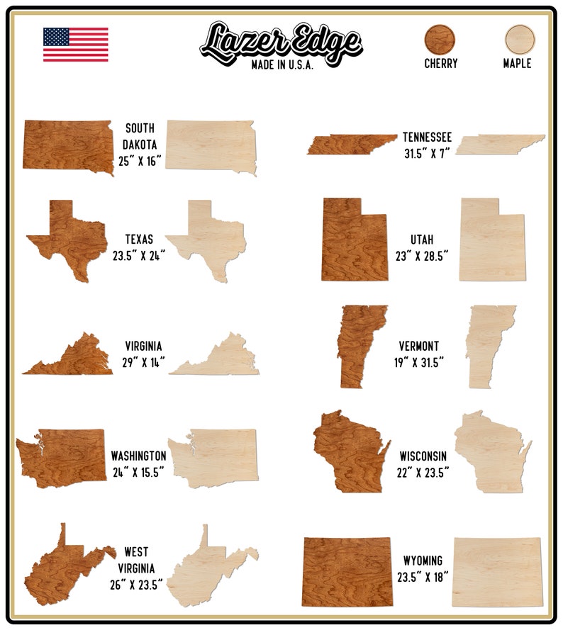 All 50 States Available Crafted from Cherry or Maple Wood Large State Map