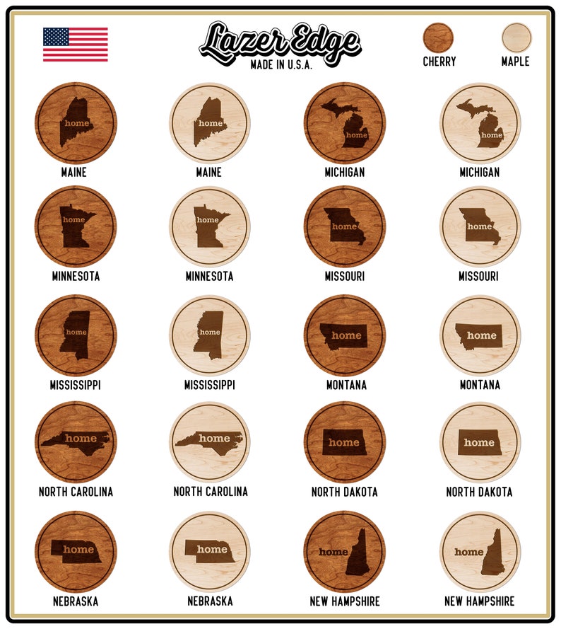 All 50 States Available Crafted from Cherry or Maple Wood Home State Map Coaster