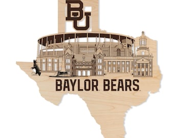 Tapiz mural con la silueta del campus de la Universidad de Baylor - Elaborado con madera de cerezo y arce.