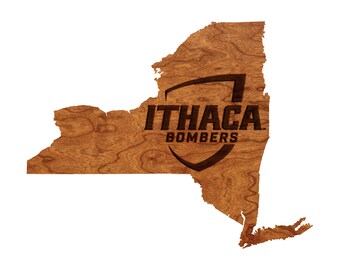 Ithaca College - Wall Hanging - State Map with Ithaca Bombers Name on Shield