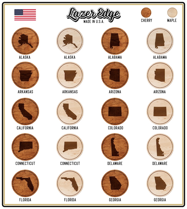 Crafted from Cherry or Maple Wood State Map Coaster All 50 States Available