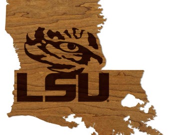 Louisiana State University Tiger Eye on State Wall Hanging - Crafted from Cherry or Maple Wood