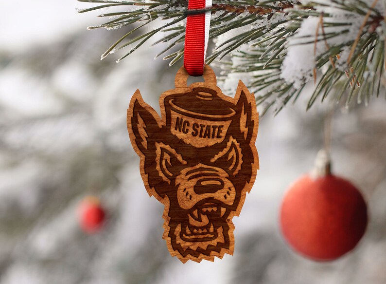 NC State Wolfpack Ornament \u2013 Crafted from Cherry Wood \u2013 Click to see Multiple Designs Available \u2013 North Carolina State University NCSU
