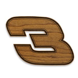 May include: Wooden number three cutout with a dark brown outline and a light brown wood grain finish. The number is a stylized font, perfect for home decor or craft projects.