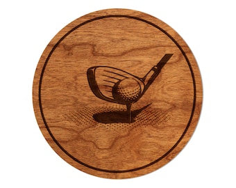 Golf Coaster – Click to See Multiple Designs – Crafted from Cherry or Maple Wood