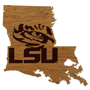 Louisiana State University Tiger Eye on State Wall Hanging - Crafted from Cherry or Maple Wood - LSU Tigers