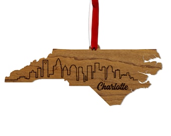 Charlotte North Carolina Skyline Ornament - Crafted from Cherry or Maple Wood