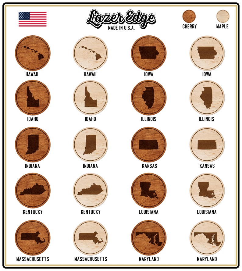 Crafted from Cherry or Maple Wood State Map Coaster All 50 States Available