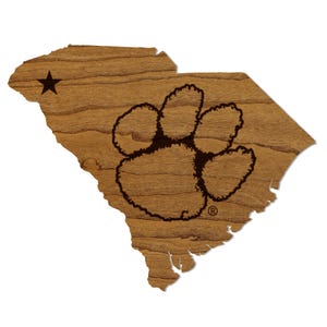 Clemson University Tiger Paw on State Magnet - Crafted from Cherry or Maple Wood - Clemson Tigers