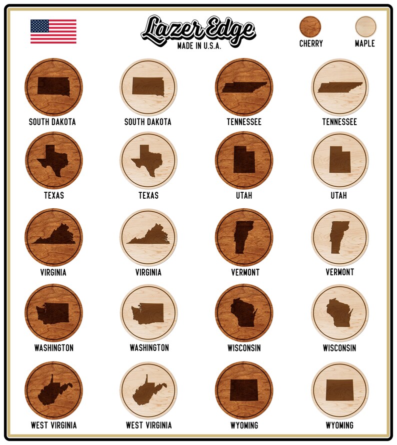 Crafted from Cherry or Maple Wood State Map Coaster All 50 States Available