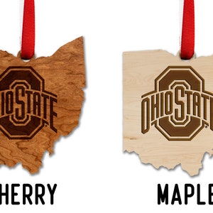 Ornement Ohio State Buckeyes Fabriqué à partir de bois de cerisier Cliquez pour voir plusieurs modèles disponibles Ohio State University OSU Block O on State