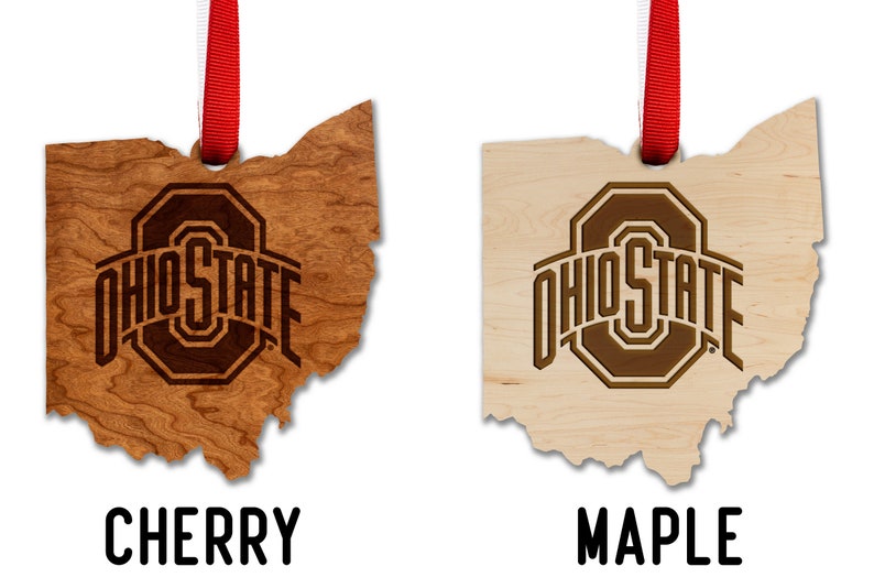 Ornement Ohio State Buckeyes Fabriqué à partir de bois de cerisier Cliquez pour voir plusieurs modèles disponibles Ohio State University OSU Block O on State