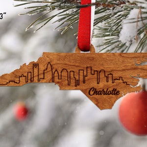 North Carolina Skyline Ornament – Various Cities Available - Crafted from Cherry or Maple Wood