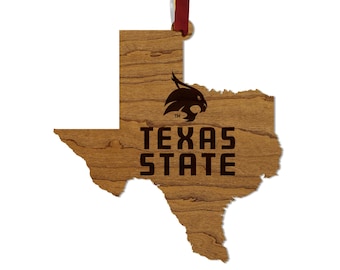 Texas State University Bobcats on State Ornament – Crafted from Cherry and Maple Wood