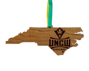 University of North Carolina Wilmington Seahawks on State Ornament – Crafted from Cherry and Maple Wood