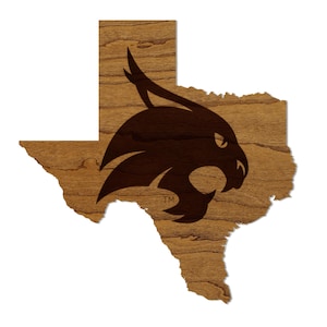 Texas State University Bobcat op staatsmagneet - Vervaardigd van kersen- of esdoornhout - Texas State Bobcats