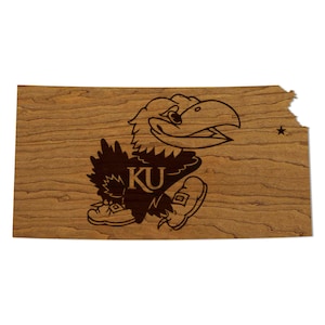 Kansas University Jayhawk on State Wall Hanging - Crafted from Cherry and Maple Wood - Kansas University Jayhawks