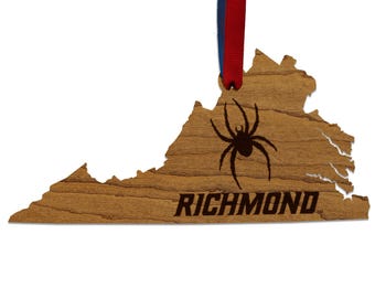 Richmond University Logo on State Ornament – Crafted from Cherry and Maple Wood