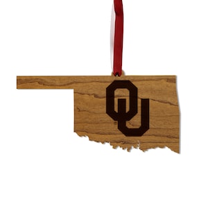 Oklahoma University OU on State Ornament – Crafted from Cherry and Maple Wood – Oklahoma University Sooners