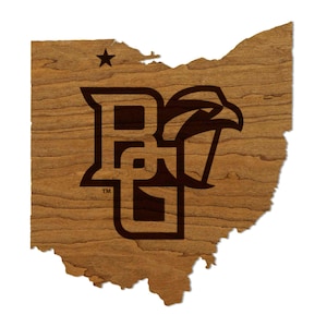 Bowling Green State University BG with Falcon on State Wall Hanging - Crafted from Cherry or Maple Wood - BGSU Falcons