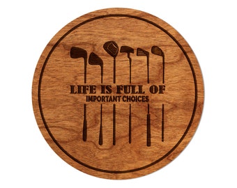 Golf Coaster – Click to See Multiple Designs – Crafted from Cherry or Maple Wood