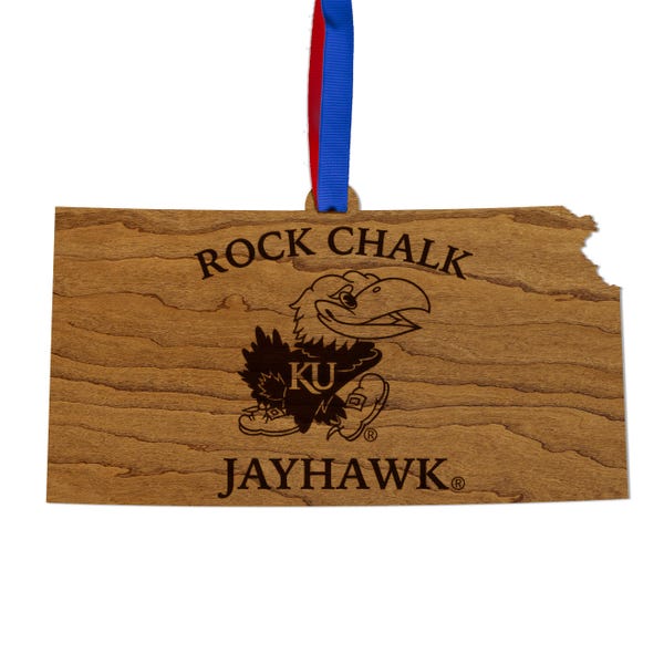 Kansas University Rock Chalk Jayhawk Ornament – Crafted from Cherry and Maple Wood