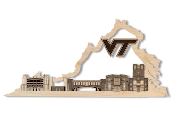 Tapiz de pared con el horizonte de Virginia Tech - Elaborado en madera de cerezo y arce