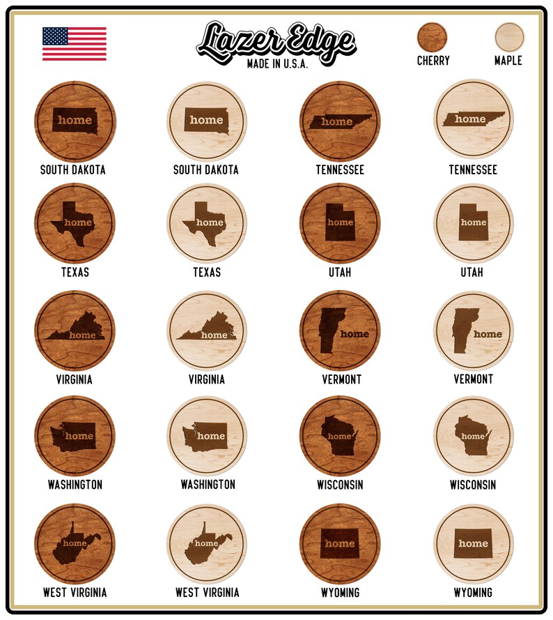 All 50 States Available Crafted from Cherry or Maple Wood Home State Map Coaster